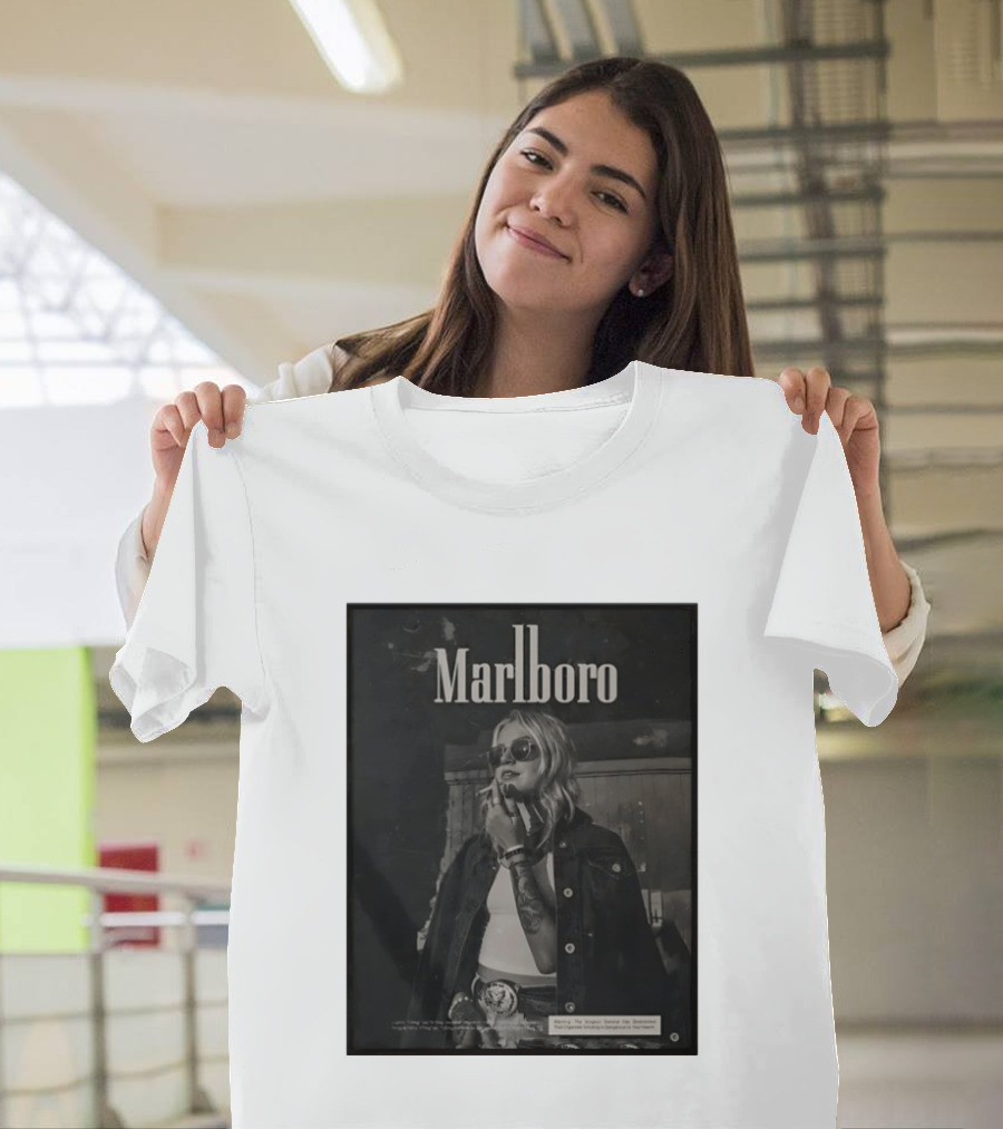 Marlboro Woman Smoking Retro Style Sunglasses Denim Jacket T-Shirt