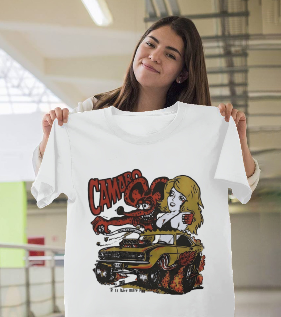 Camaro 69 Rats Have More Fun Blonde Lady Hot Rod Cartoon T-Shirt