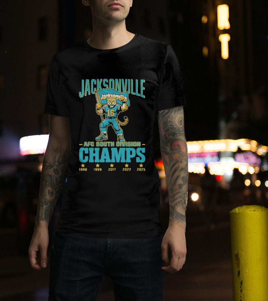 Jacksonville Jaguars Mascot 16 Holding Flag AFC South Division Champs 1998 1999 2017 2022 2023 T-Shirt