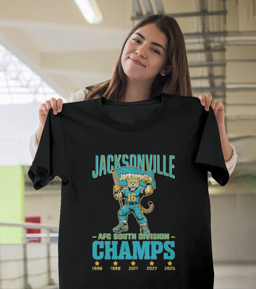 Jacksonville Jaguars Mascot 16 Holding Flag AFC South Division Champs 1998 1999 2017 2022 2023 T-Shirt