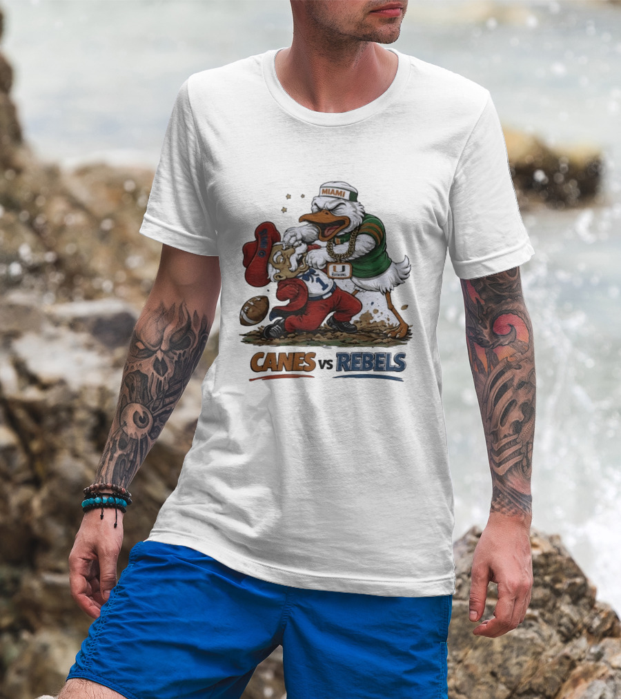 Miami Hurricanes Vs Ole Miss Rebels Mascot Showdown CFP Semifinal Vrbo Fiesta Bowl 2026 T-Shirt