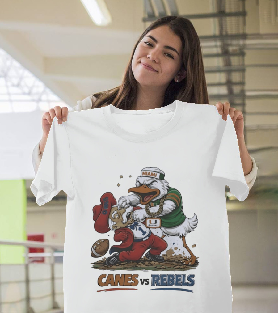 Miami Hurricanes Vs Ole Miss Rebels Mascot Showdown CFP Semifinal Vrbo Fiesta Bowl 2026 T-Shirt