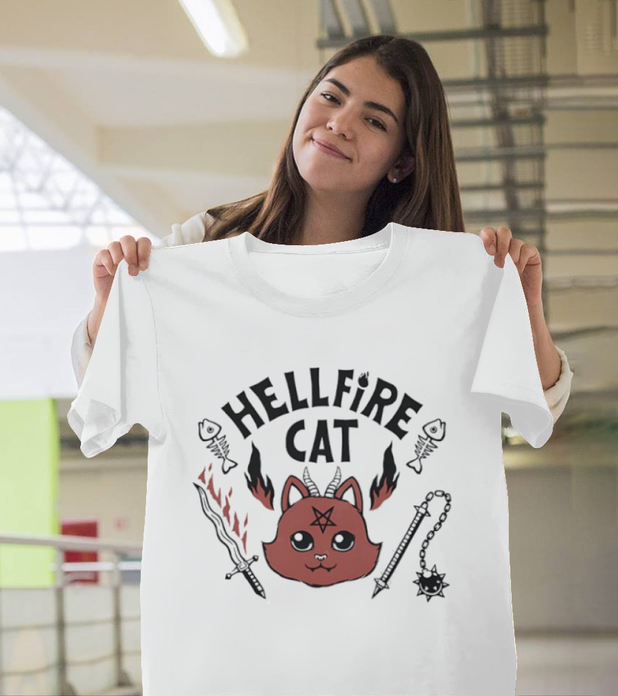 Hellfire Cat Satanicat Joke Club Funny Pentagram Cat With Flaming Sword And Fish Bones T-Shirt