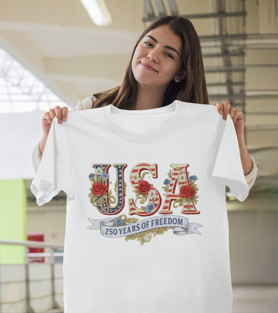 USA Patriotic 250 Years Of Freedom Floral 4th Of July Independence Day T-Shirt