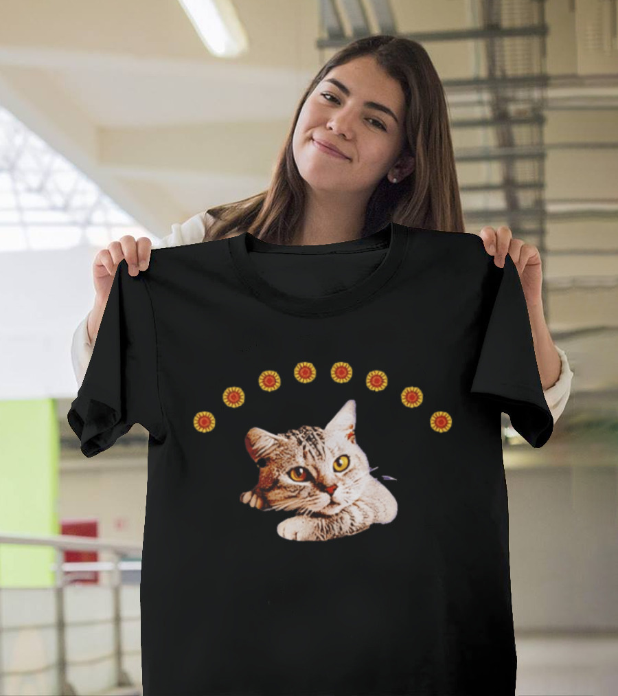 Sunflower Cat Whimsical Feline Surrounded By Flowers T-Shirt