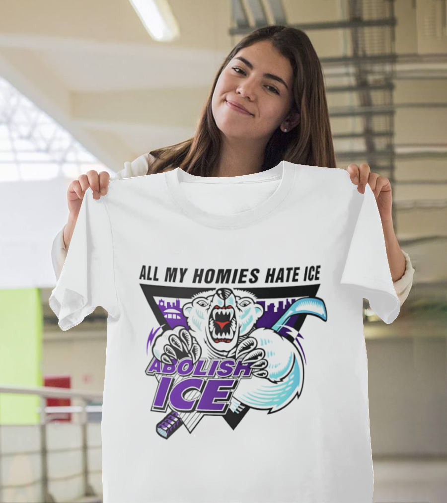 Abolish Ice All My Homies Hate Ice Polar Bear Hockey Rink Indianapolis Skyline T-Shirt