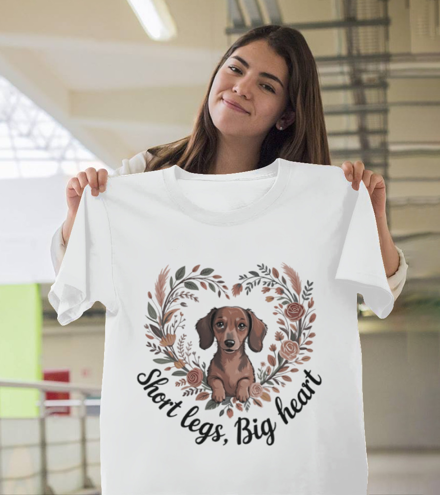 Cute Dachshund Short Legs Big Heart Floral T-Shirt