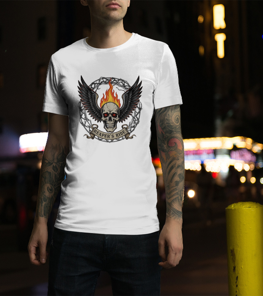 Flaming Skull With Wings Reaper's Ride T-Shirt