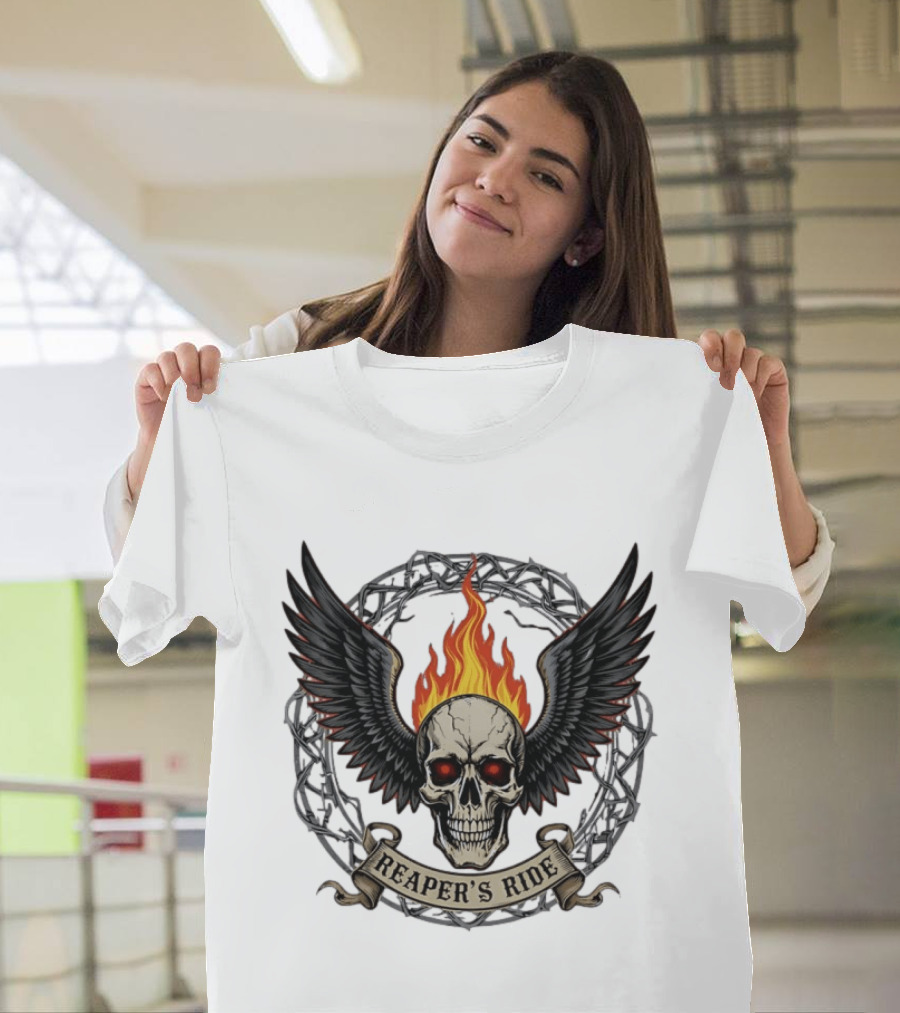 Flaming Skull With Wings Reaper's Ride T-Shirt