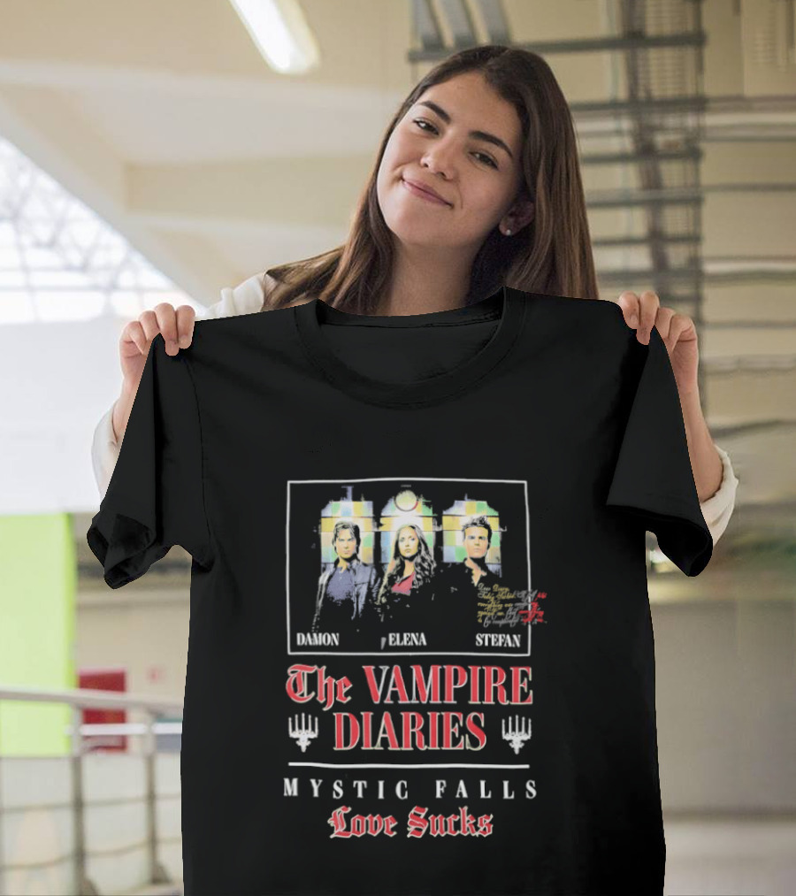 Damon Elena Stefan The Vampire Diaries Mystic Falls Love Sucks T-Shirt