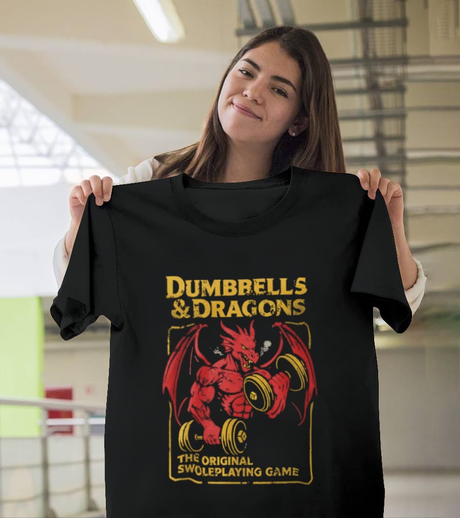 Dumbbells And Dragons The Original Swoleplaying Game Red Dragon Lifting Weights T-Shirt