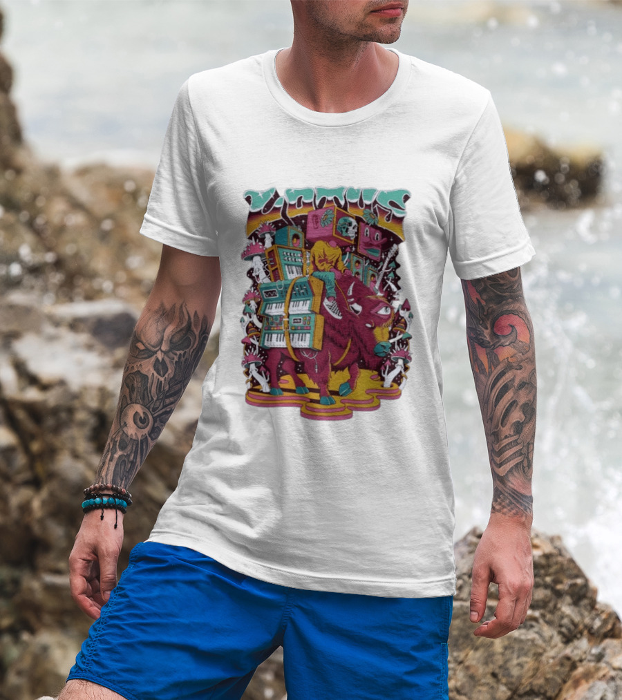 Skeleton Riding Bison Lotus Band Colorado Tour 2026 Psychedelic Instrument Adventure T-Shirt