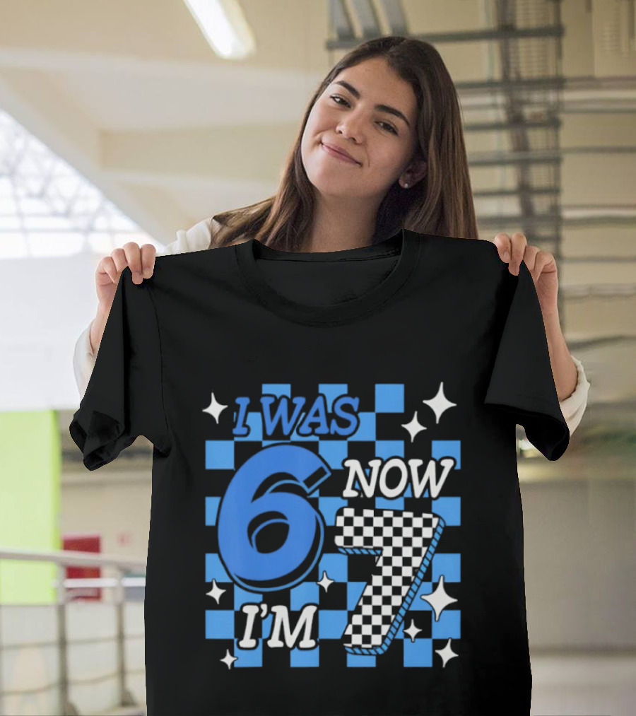 Blue Checkered I Was 6 Now I'm 7 Birthday Boy T-Shirt