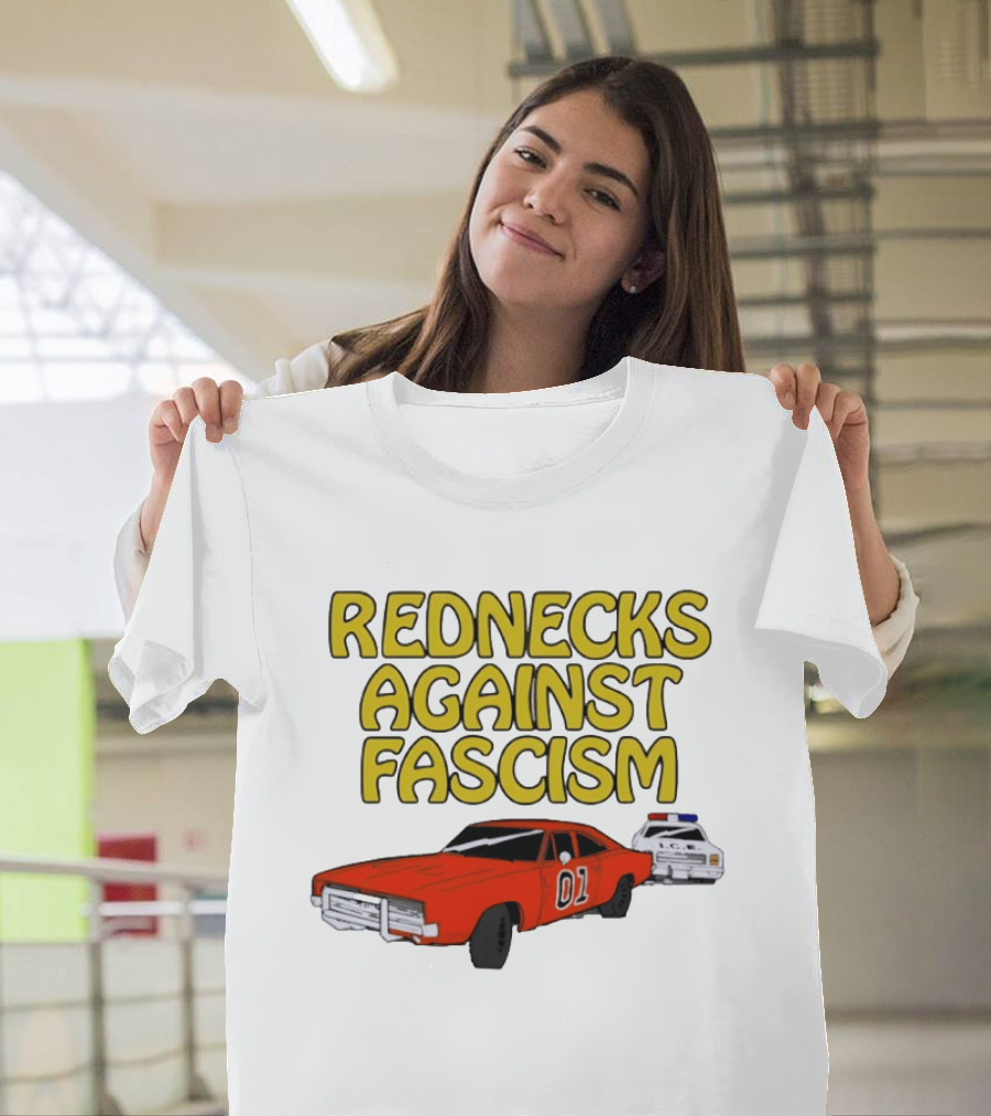 Rednecks Against Fascism Car Cartoon With 01 And Police Chase Scene T-Shirt