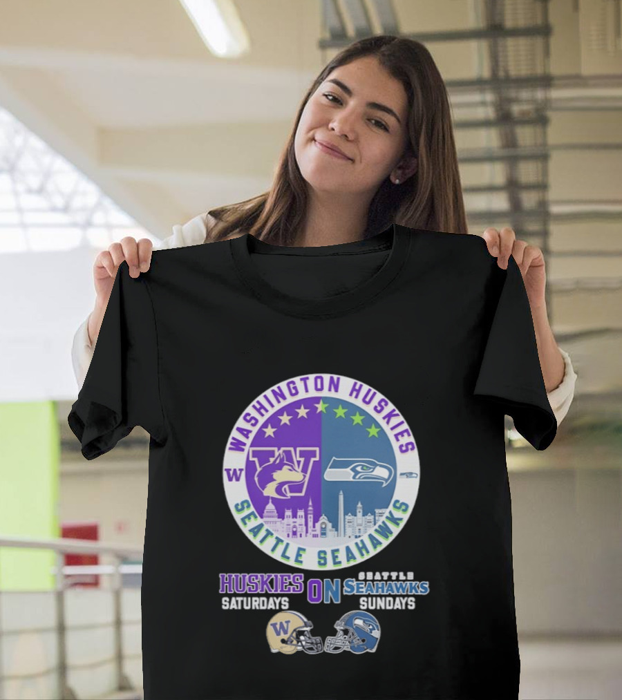 Washington Huskies Saturdays Seattle Seahawks Sundays Football Helmet Mashup T-Shirt