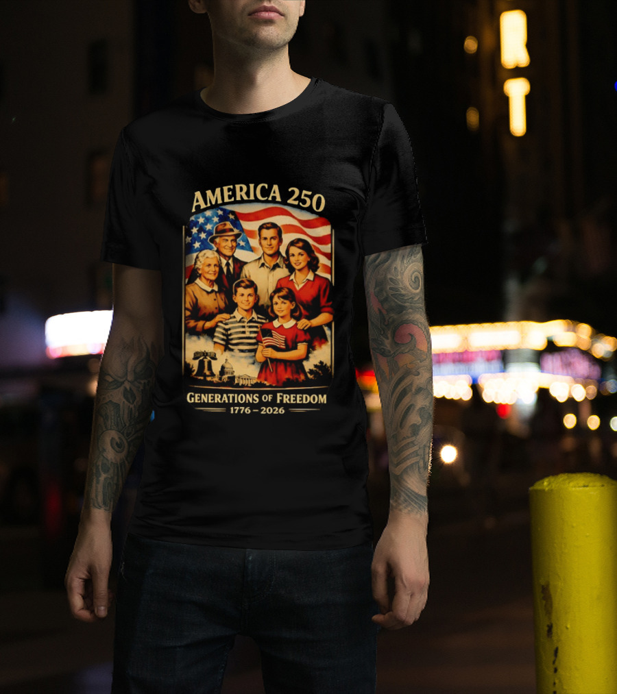 America 250 Generations Of Freedom 1776 2026 Vintage Family With Flag T-Shirt