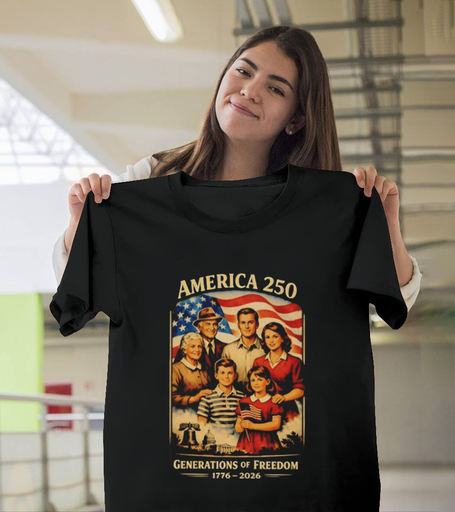 America 250 Generations Of Freedom 1776 2026 Vintage Family With Flag T-Shirt