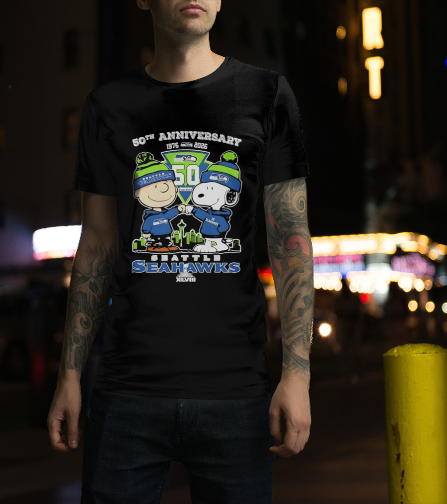 Charlie Brown Snoopy Fist Bump Seattle Seahawks 50th Anniversary Skyline 1976 2026 T-Shirt