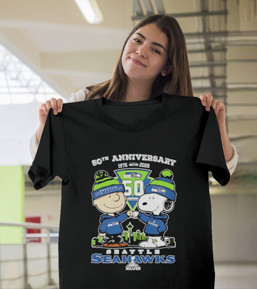 Charlie Brown Snoopy Fist Bump Seattle Seahawks 50th Anniversary Skyline 1976 2026 T-Shirt