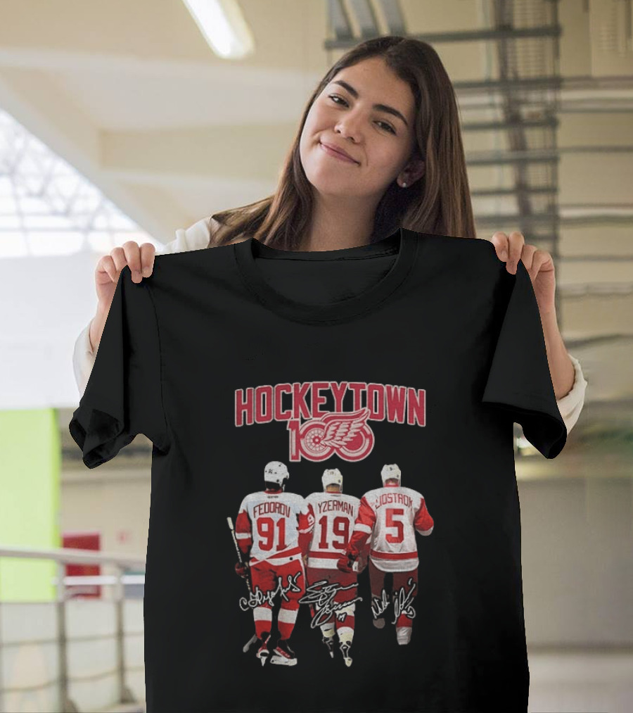 Hockeytown 100 Detroit Red Wings Fedorov Yzerman Lidstrom Signatures 91 19 5 T-Shirt