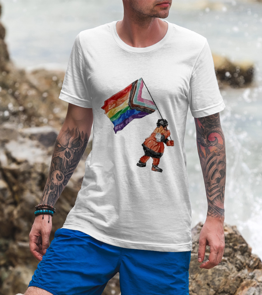 Philadelphia Hockey Mascot Holding Progress Pride Flag T-Shirt