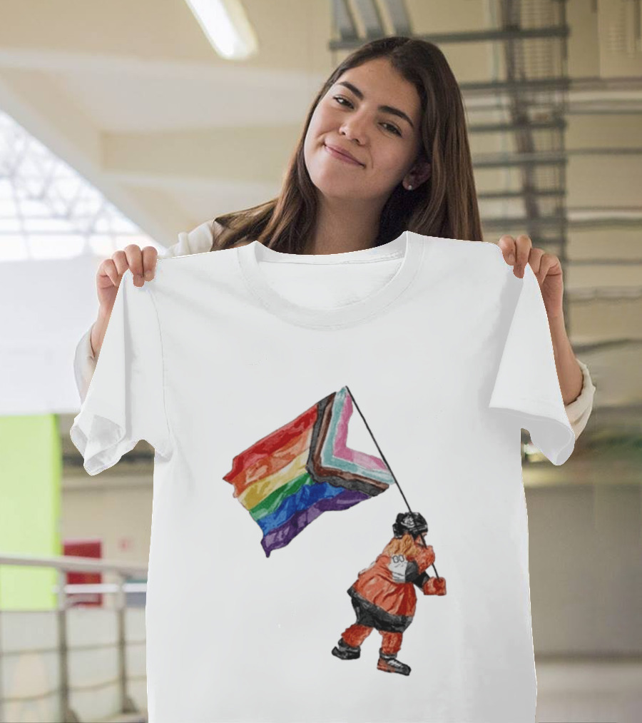 Philadelphia Hockey Mascot Holding Progress Pride Flag T-Shirt