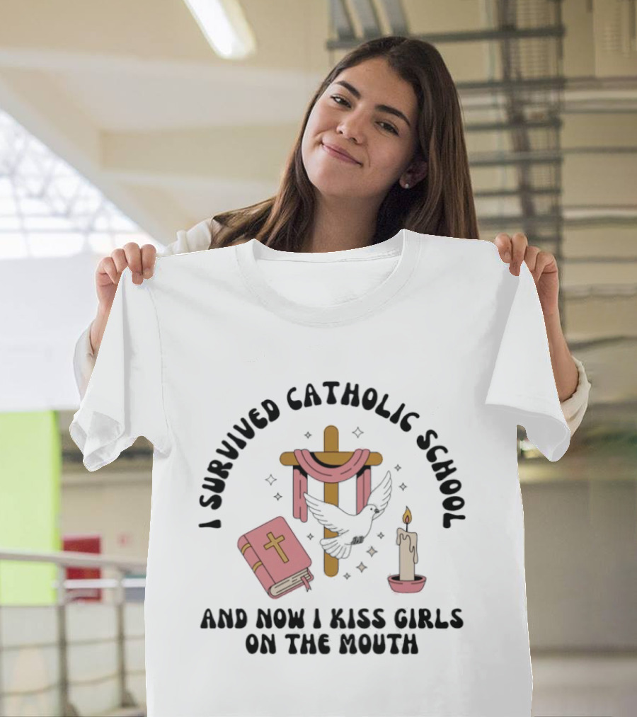 I Survived Catholic School Cross Bible Candle Dove Kiss Girls T-Shirt