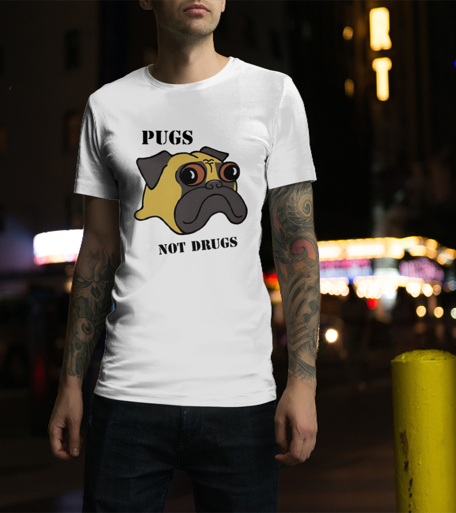 Pugs Not Drugs Cartoon Dog Face Funny Anti Drug Message T-Shirt