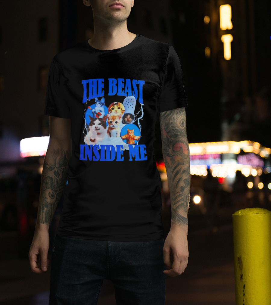 The Beast Inside Me Cat Collage With Blue Electric Accents T-Shirt