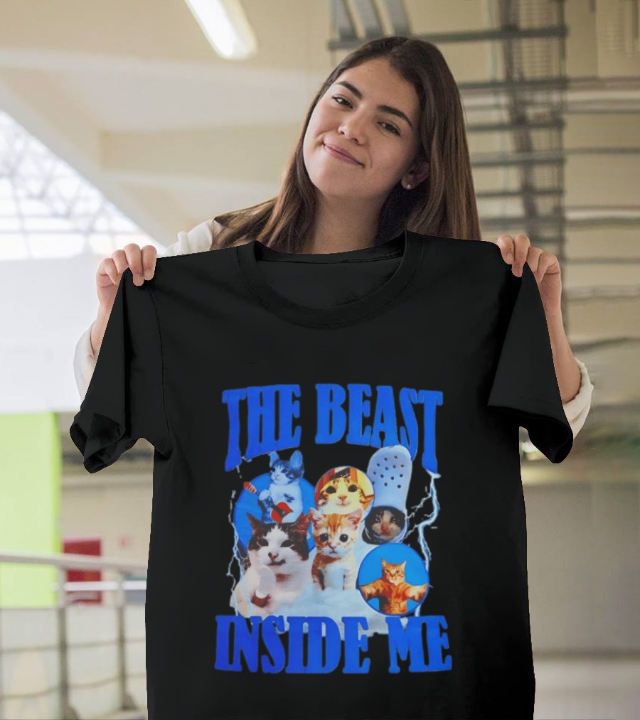 The Beast Inside Me Cat Collage With Blue Electric Accents T-Shirt