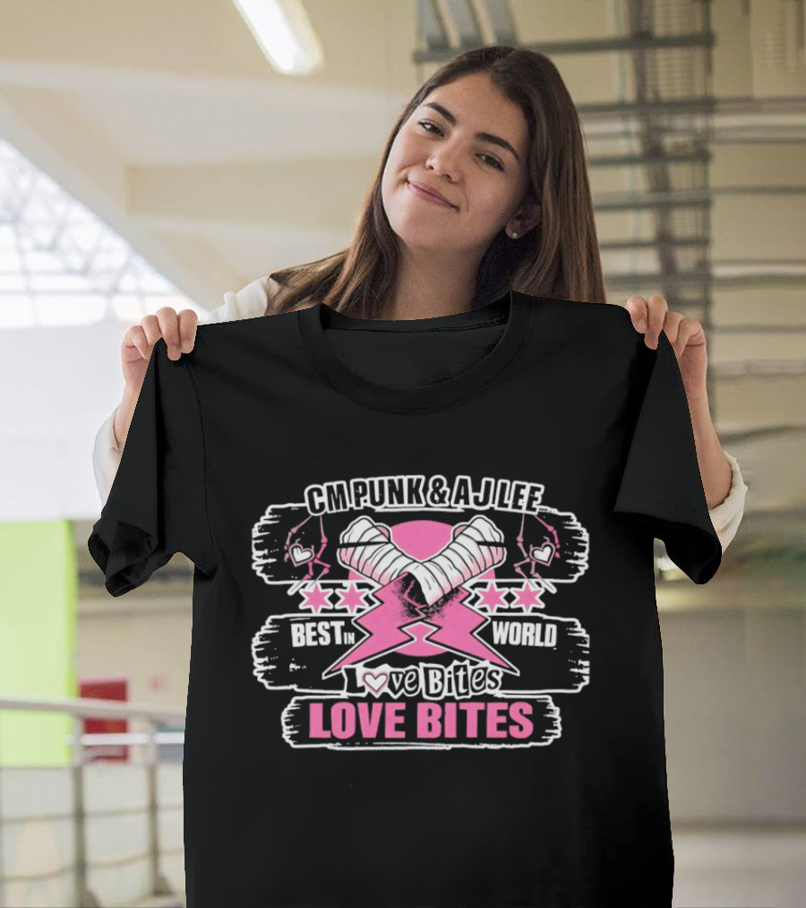 CM Punk AJ Lee Best In The World Love Bites Pink Heart Stars T-Shirt