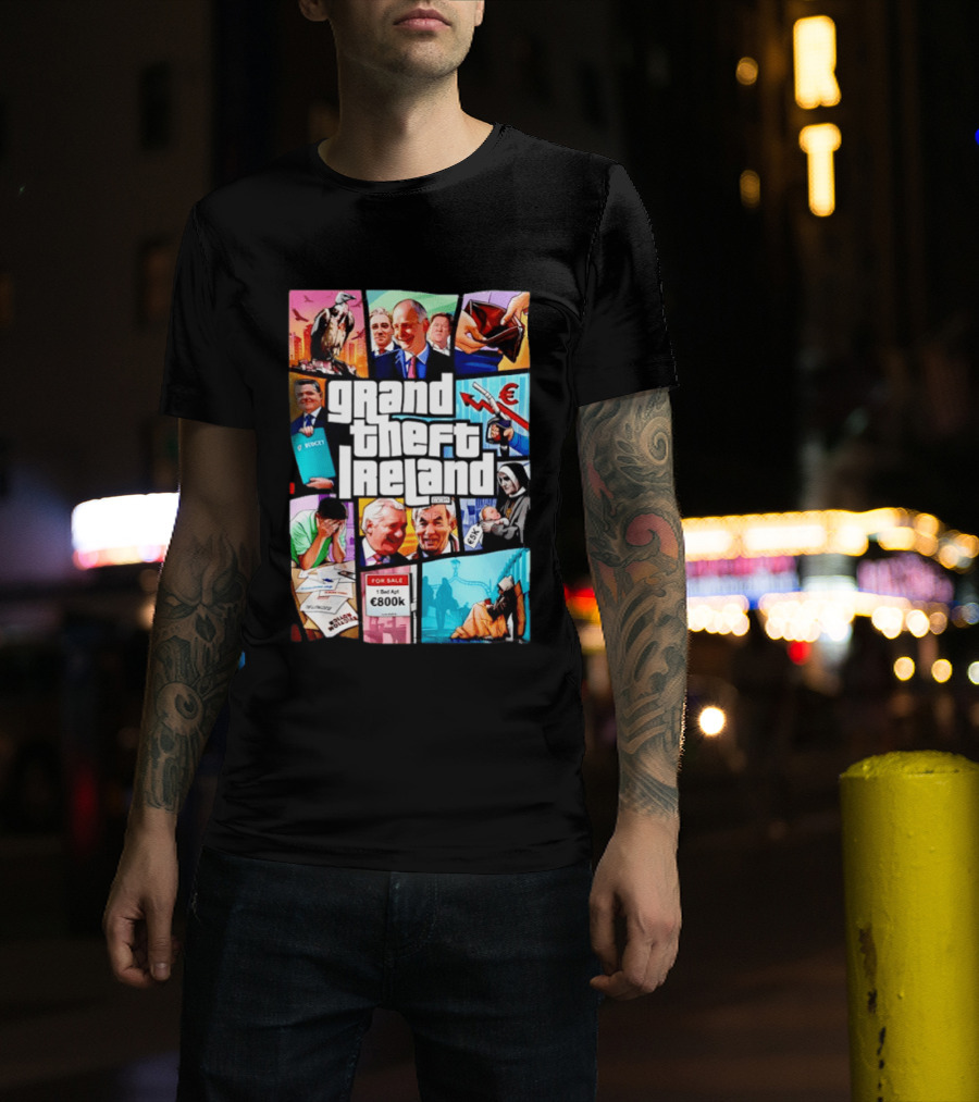 Grand Theft Ireland GTA 5 Parody Satire Style Illustration Irish Economy Politics Humor T-Shirt