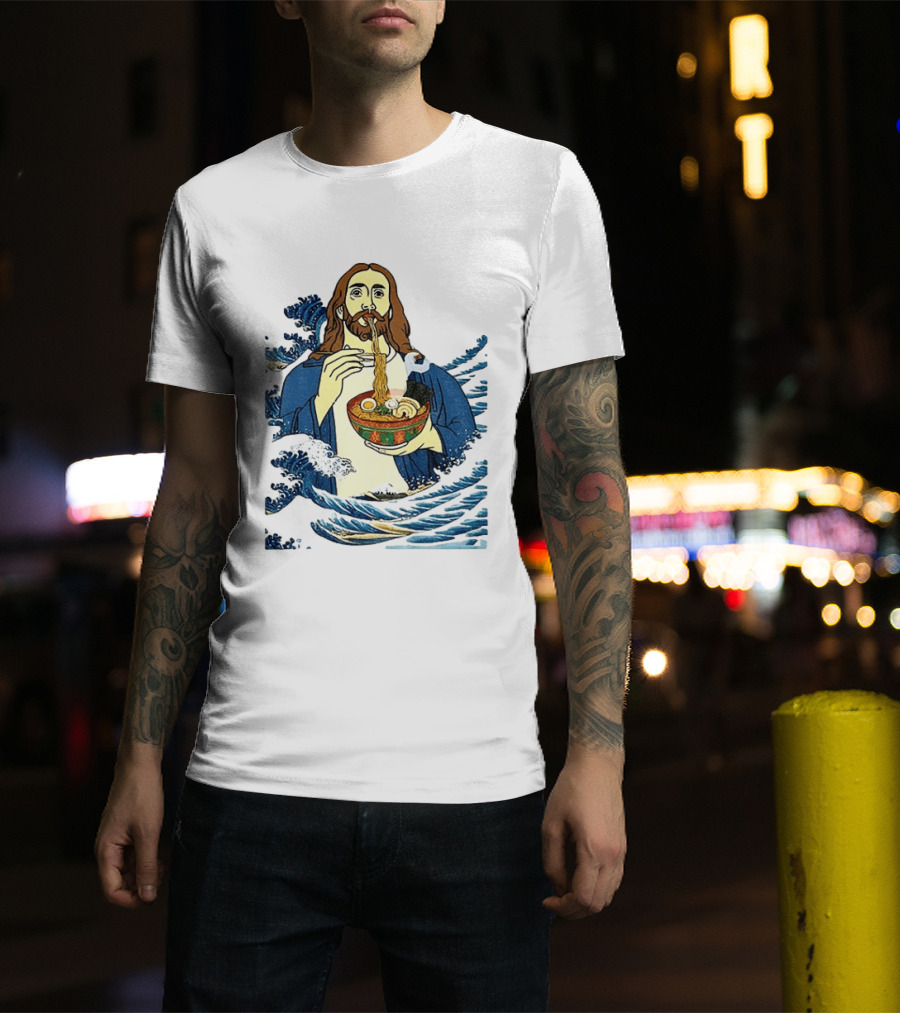 God Eats Ramen Jesus Wave Meme With Bowl Of Noodles T-Shirt