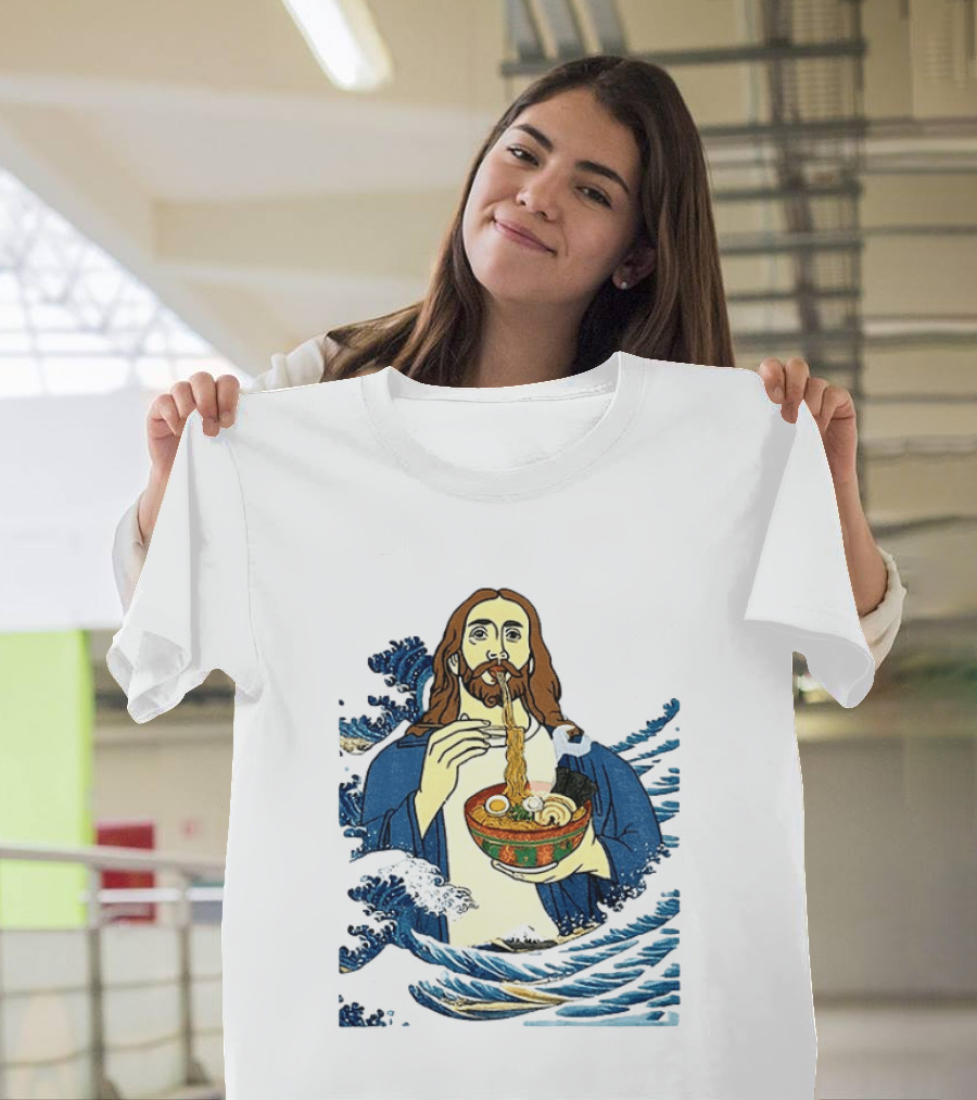 God Eats Ramen Jesus Wave Meme With Bowl Of Noodles T-Shirt
