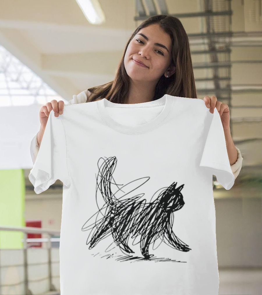 Minimalist Cat Scribble Sketch T-Shirt