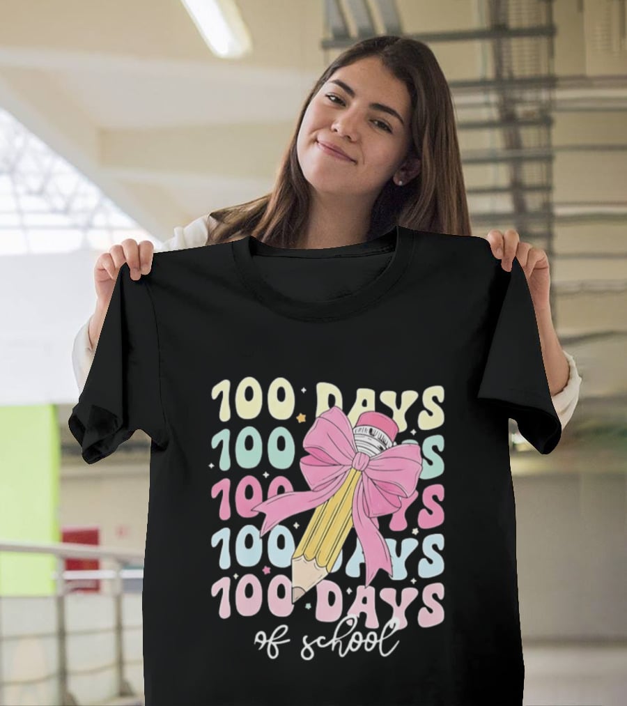 100 Days Of School Pink Bow Pencil Celebration T-Shirt
