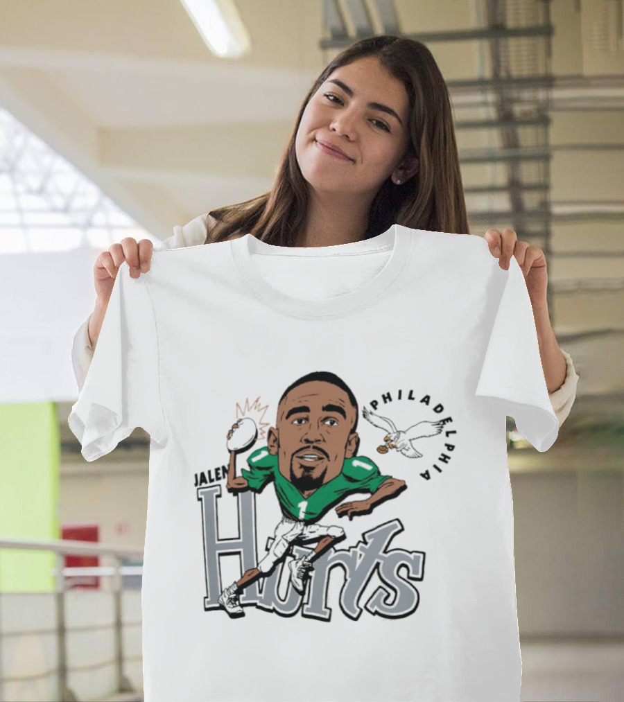 Jalen Hurts Philadelphia Eagles Football Caricature Running Action T-Shirt