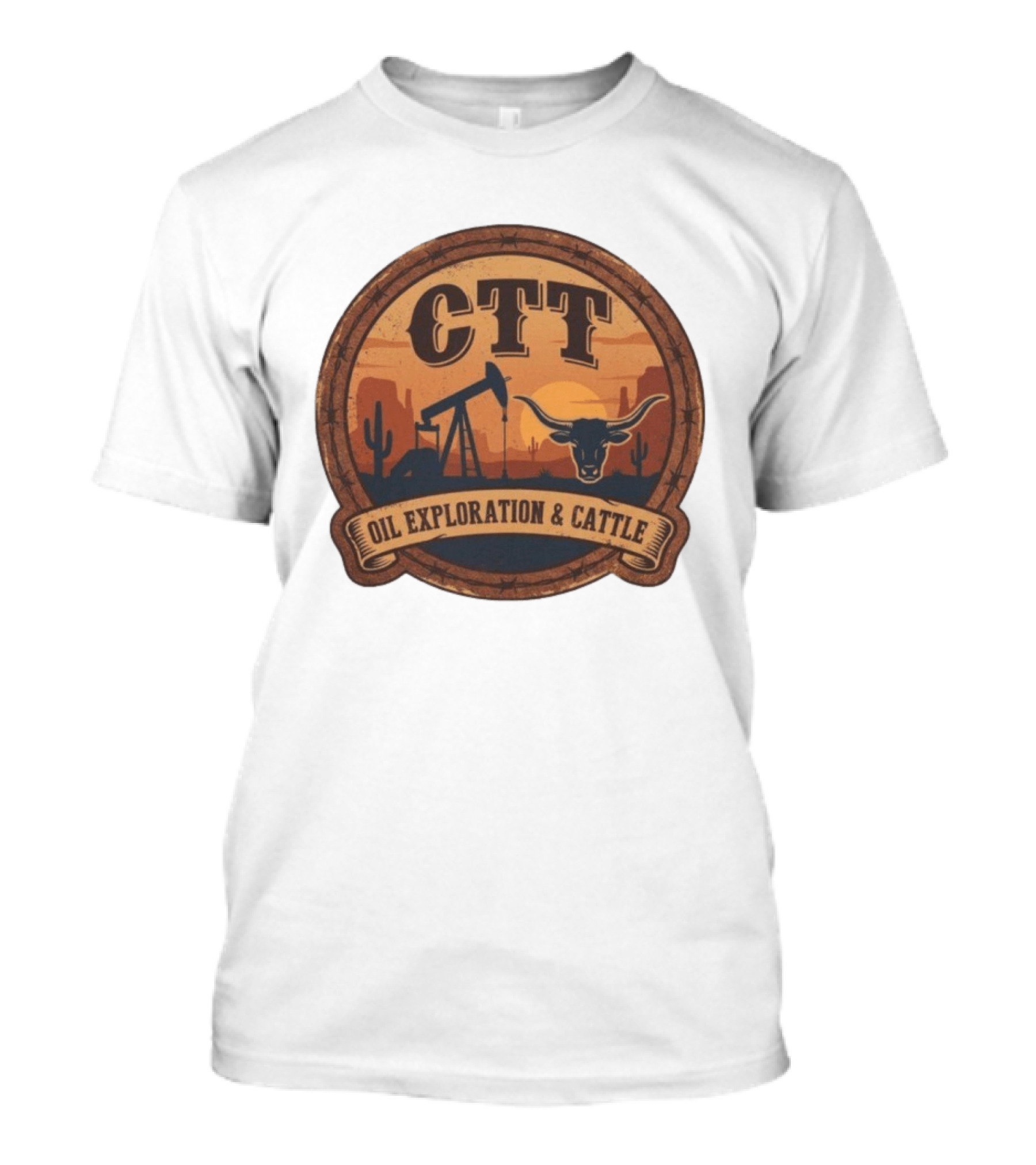 CTT Oil Exploration & Cattle West Texas Sunset Pumpjack And Longhorn Desert Scene T-Shirt