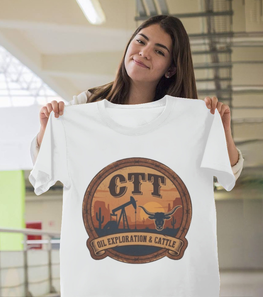 CTT Oil Exploration & Cattle West Texas Sunset Pumpjack And Longhorn Desert Scene T-Shirt