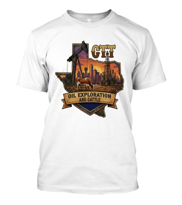 Texas CTT Oil Exploration Cattle Sunset Skyline T-Shirt