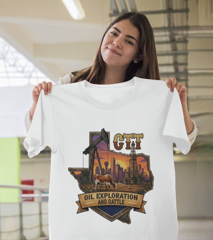 Texas CTT Oil Exploration Cattle Sunset Skyline T-Shirt