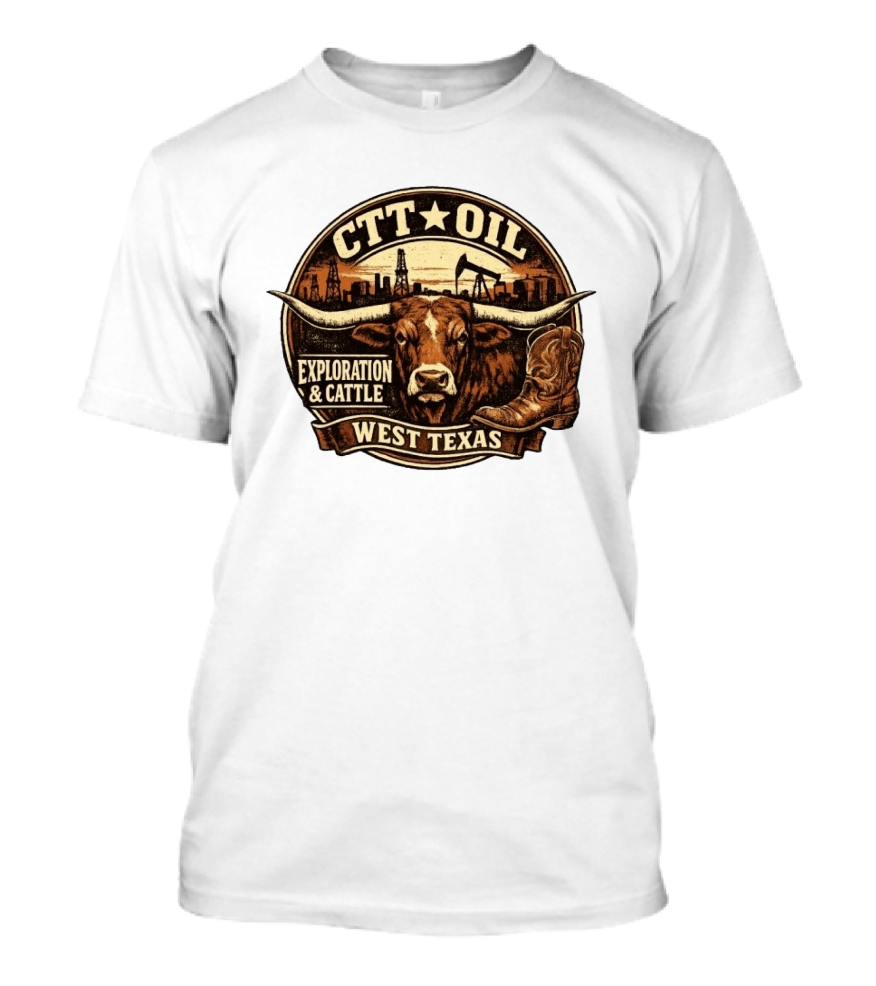CTT Oil Exploration And Cattle West Texas Longhorn Boot Iconography T-Shirt