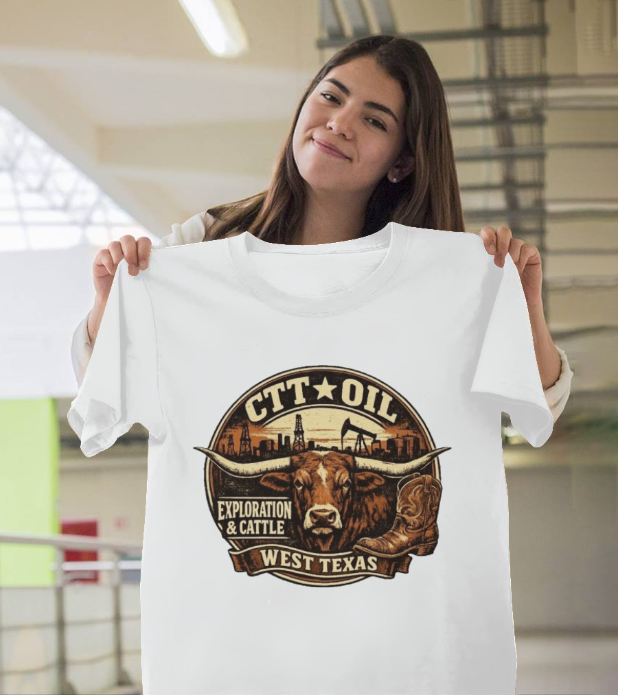 CTT Oil Exploration And Cattle West Texas Longhorn Boot Iconography T-Shirt