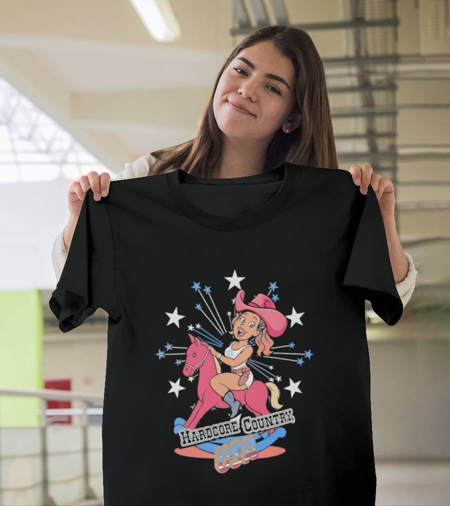 Hardcore Country USA Cowgirl Riding Pink Horse With Stars T-Shirt