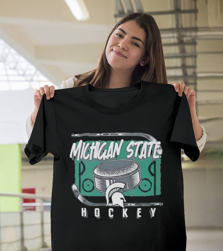 Michigan State Spartans Hockey Puck With Spartan Helmet And Sticks T-Shirt