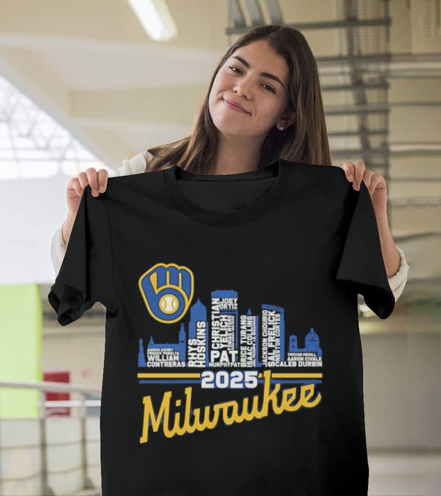 Milwaukee Brewers 2025 City Skyline Baseball Players Names T-Shirt
