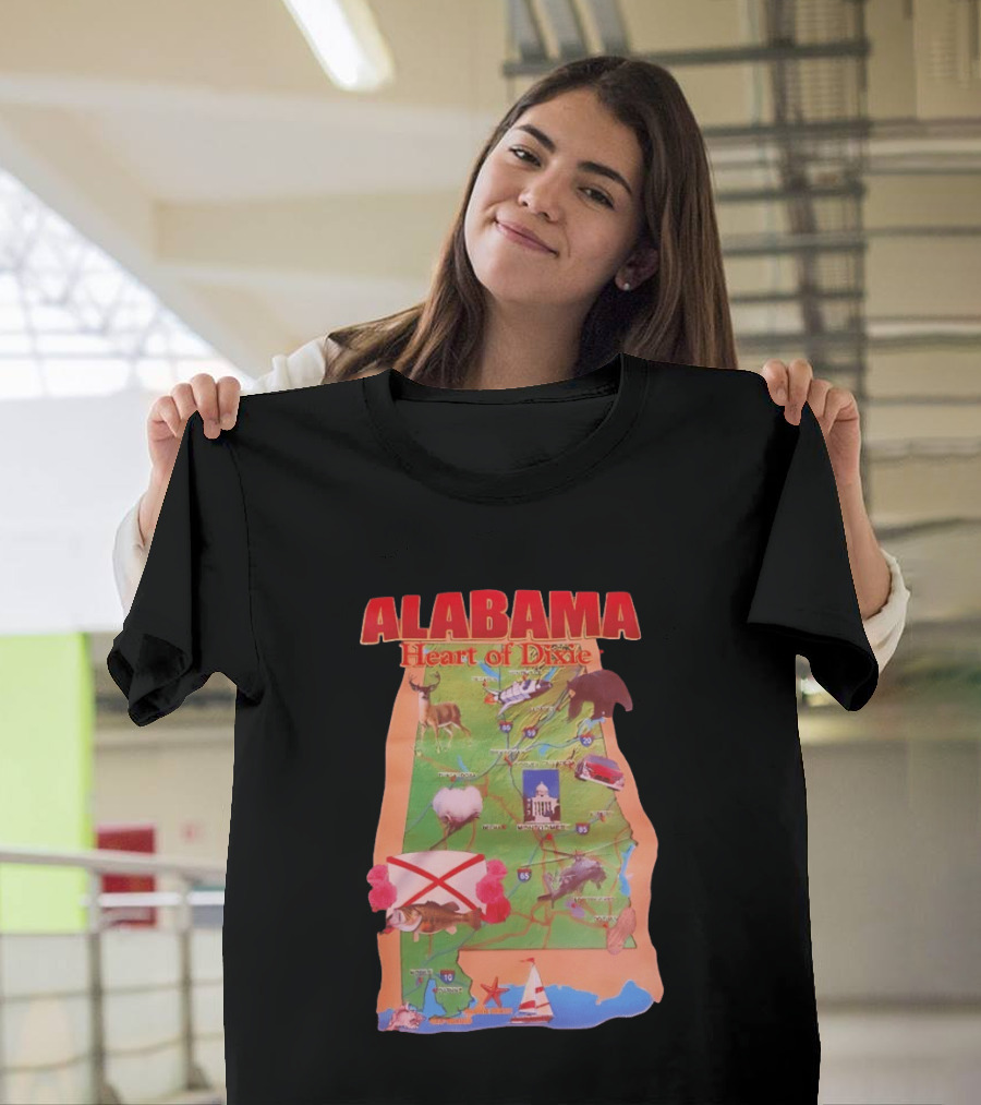 Alabama Heart Of Dixie Map Landmarks And Wildlife T-Shirt