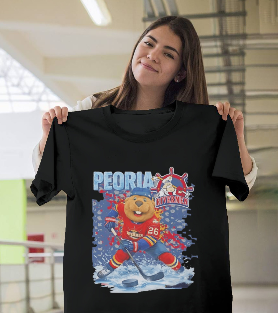 Rocky Peoria Rivermen Hockey Beaver Mascot Skating T-Shirt