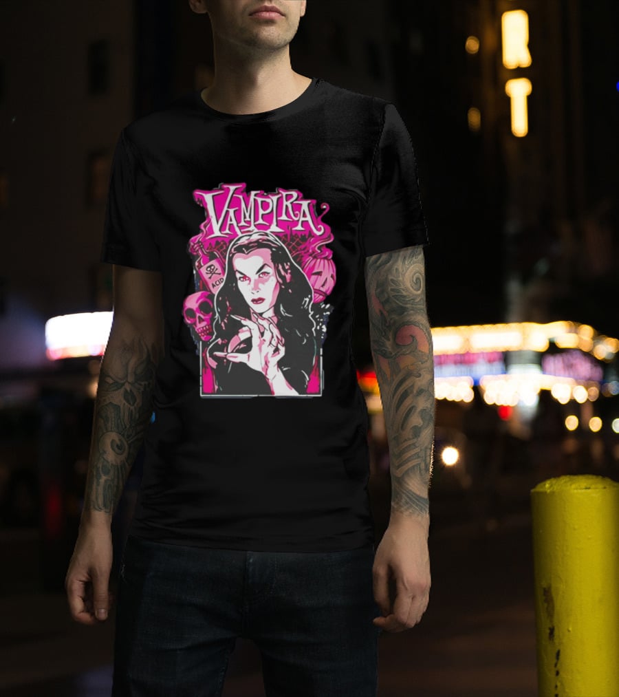 Vampira Gothic Skull And Acid Horror Iconic Midnight Ramble T-Shirt