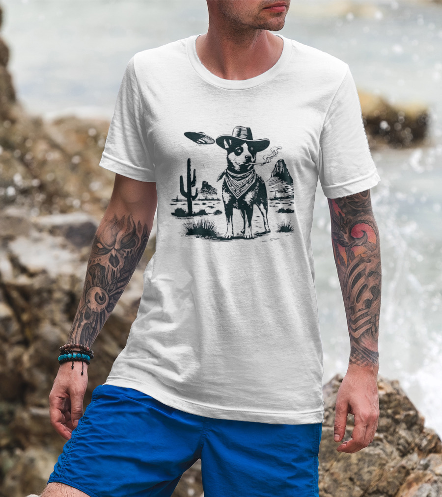 Australian Cattle Dog Smoking With UFO And Western Cowboy Desert Scene T-Shirt
